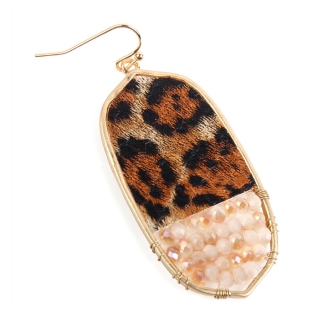 104 Faux Leather Animal Print Beaded Drop Earrings - Picture 3 of 6